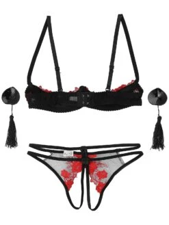 Otwoo Womens Embroidery Lace Lingerie Set Heart Shaped Tassel Pasties Nipples Bare Breast Underwired Bra Tops With Crotchless Briefs L Blue