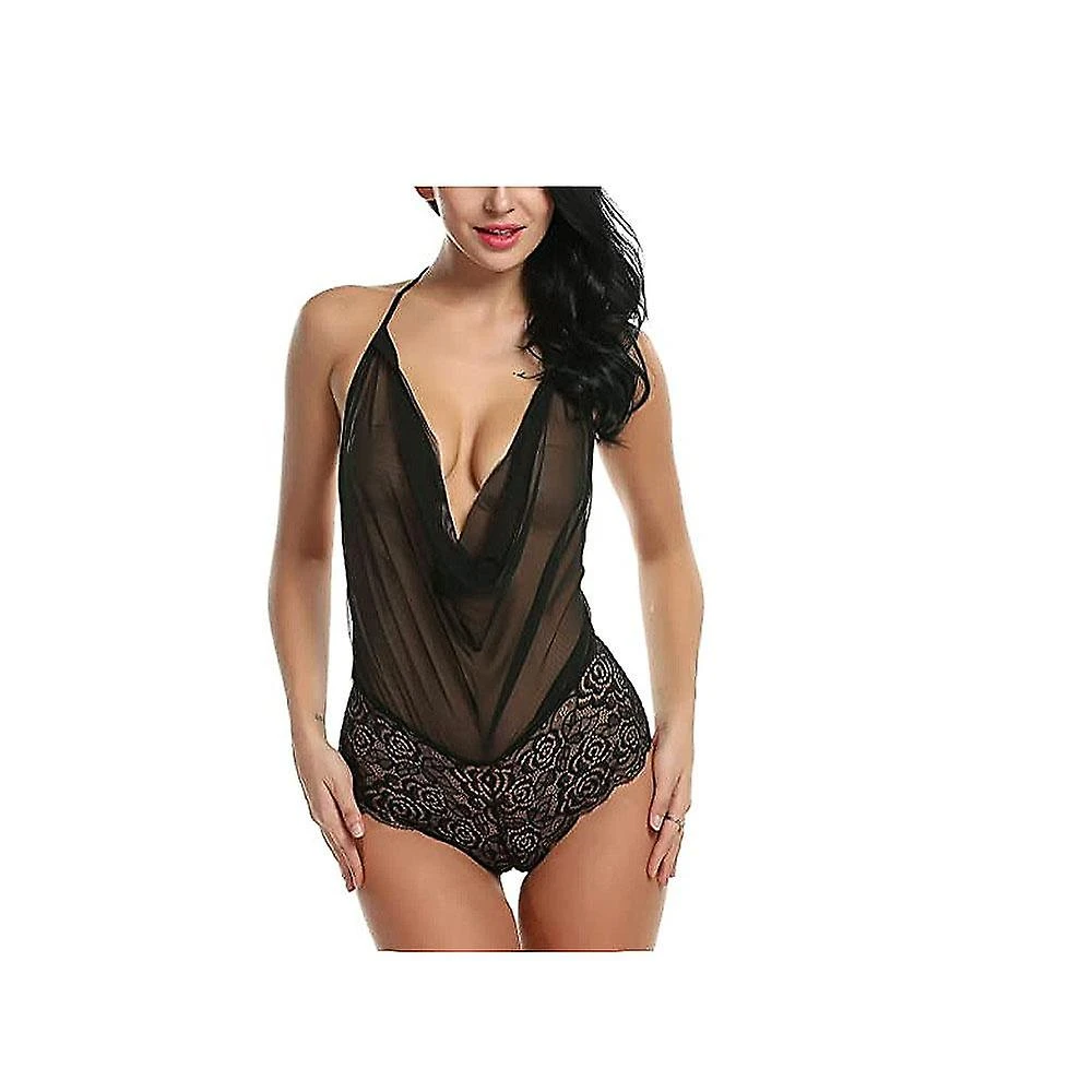 Women Sexy Lingerie Teddy One Piece Lace Halter Babydoll Bodysuit (Black, L) - Image 4