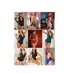 Women Sexy Lingerie Teddy One Piece Lace Halter Babydoll Bodysuit (Black, L)