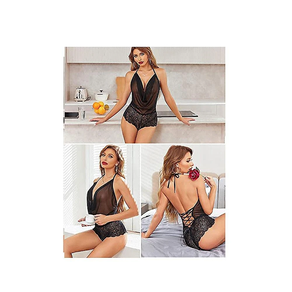 Women Sexy Lingerie Teddy One Piece Lace Halter Babydoll Bodysuit (Black, L) - Image 3