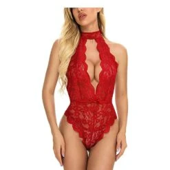 Sexy Teddy Lingerie For Women Snap Crotch Bodysuit Lace Babydoll(Red, L)