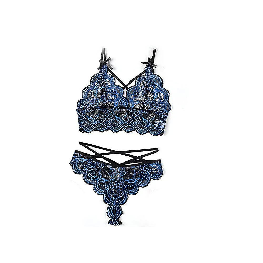 Women Sexy Lingerie Set Lace Bra And Panty Sets Strappy 2 Piece (Blue, M) - Image 4