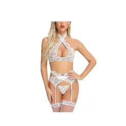 Women Lingerie Sets With Garter Belt 3 Piece Lace Teddy Babydoll Sexy Bodysuit (White, S)