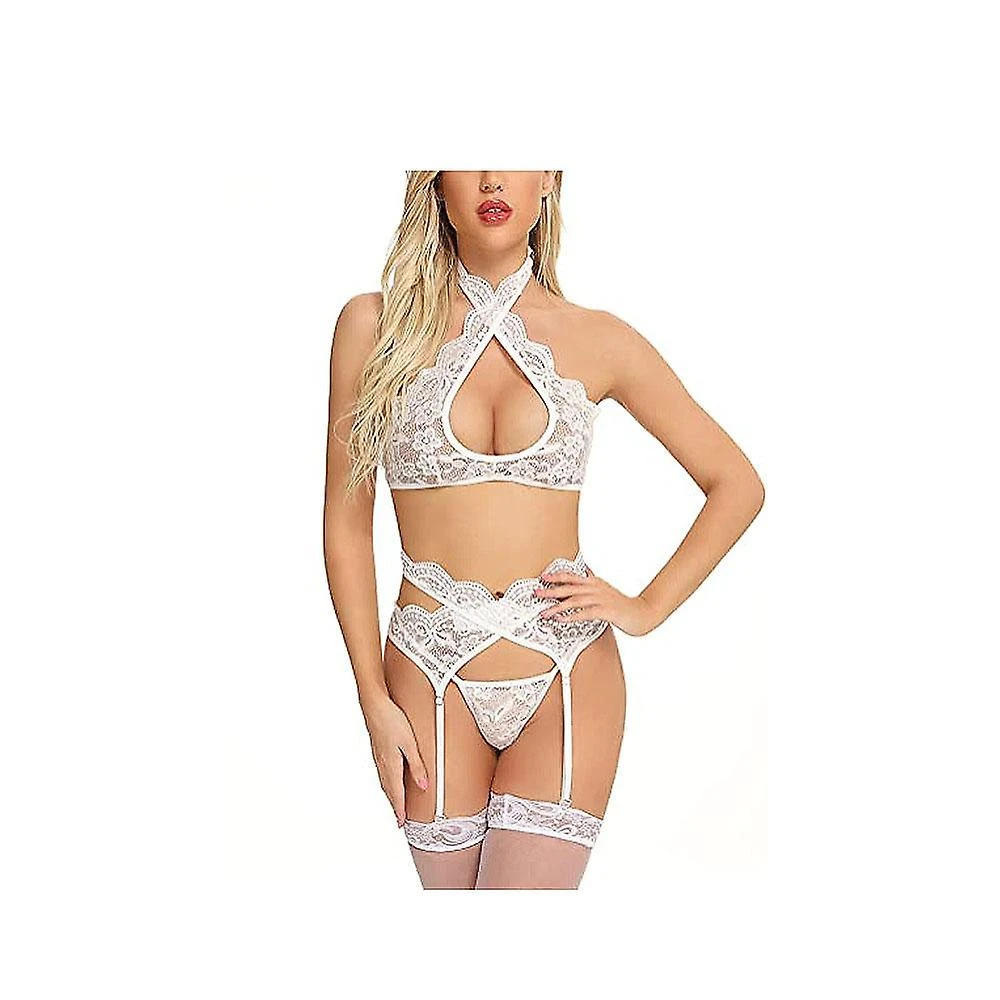 Women Lingerie Sets With Garter Belt 3 Piece Lace Teddy Babydoll Sexy Bodysuit (White, S)