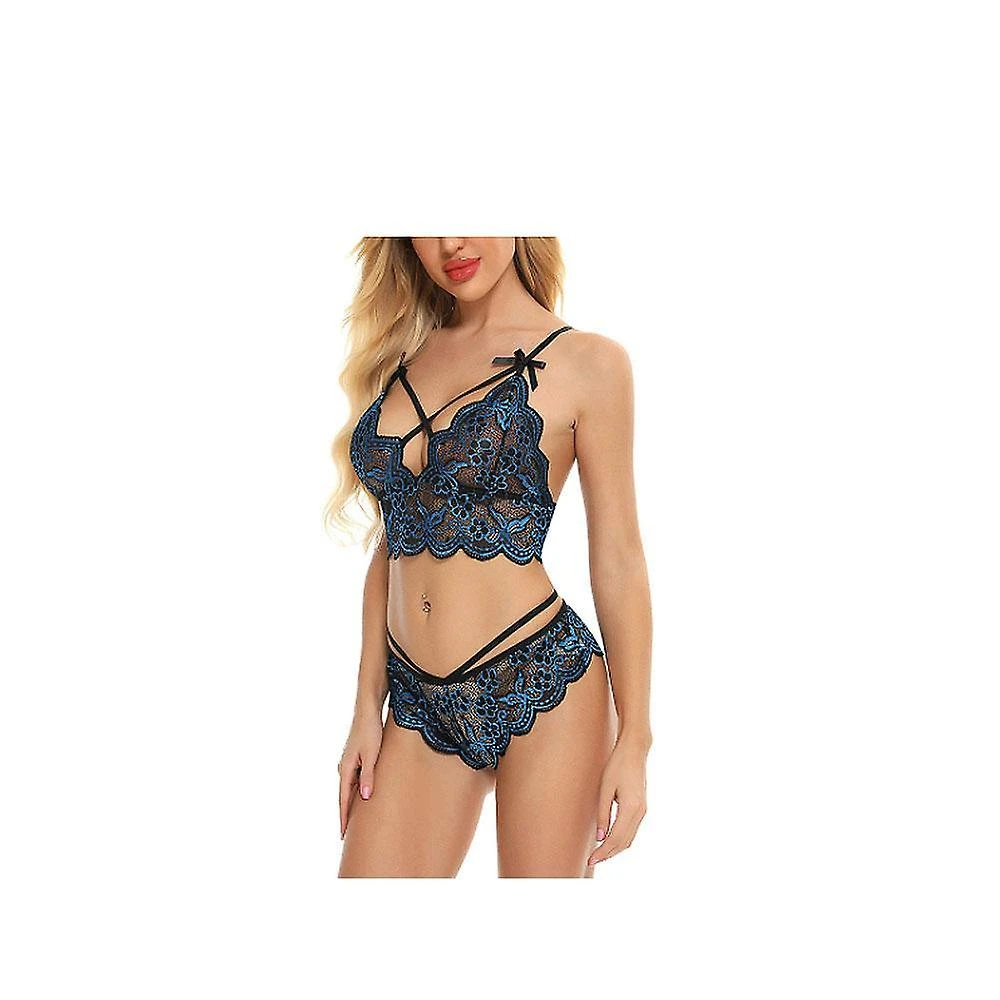 Women Sexy Lingerie Set Lace Bra And Panty Sets Strappy 2 Piece (Blue, M) - Image 3