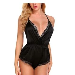 Women Lingerie Bodysuit V Neck Teddy Lace Babydoll Satin Pajamas Nightwear(Black, S)
