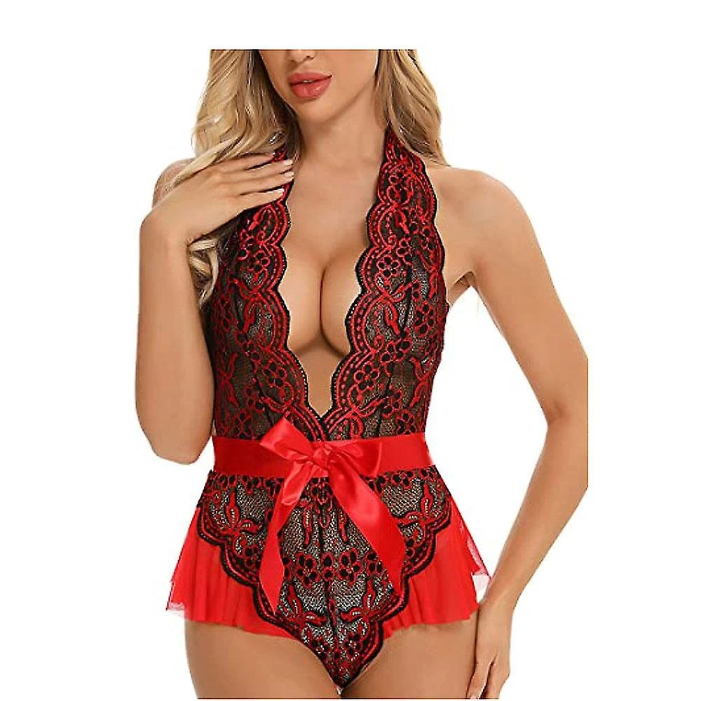 Women Teddy Lingerie Lace Bodysuit One Piece Halter Deep V Babydoll Underwear(Wine Red, XL) - Image 5