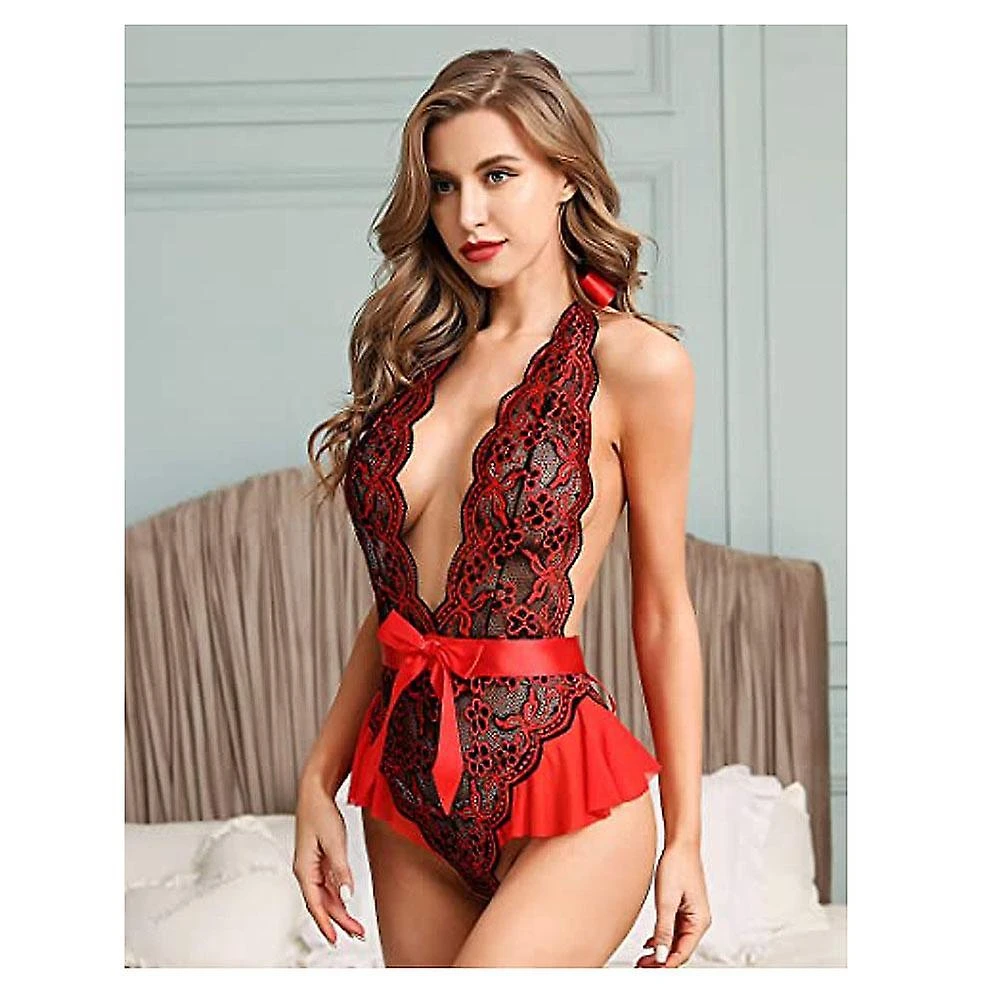 Women Teddy Lingerie Lace Bodysuit One Piece Halter Deep V Babydoll Underwear(Wine Red, XL)