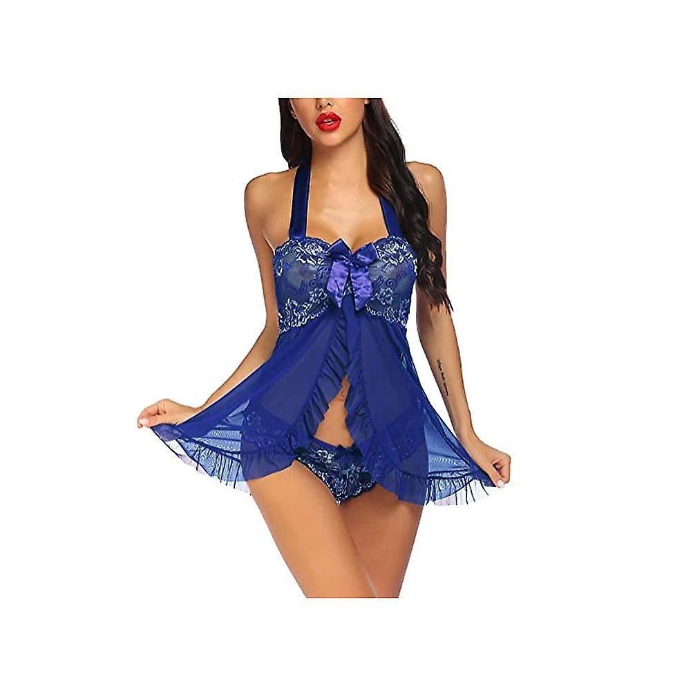 Lingerie For Women Halter Chemise Open Front Lingerie Sexy Nightwear(Blue, L) - Image 2