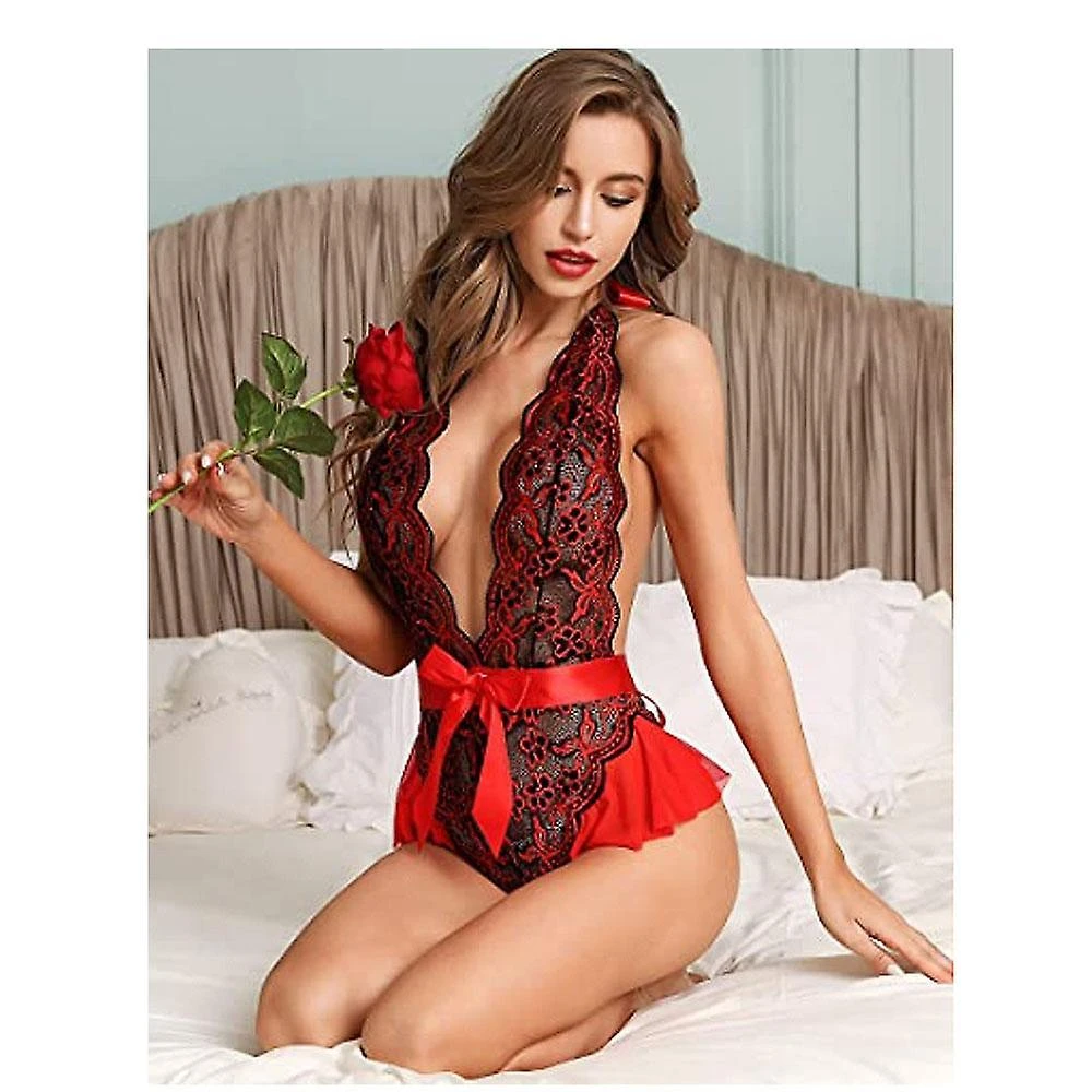 Women Teddy Lingerie Lace Bodysuit One Piece Halter Deep V Babydoll Underwear(Wine Red, XL) - Image 2