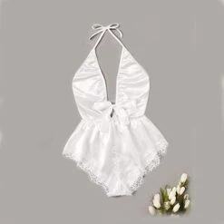 Women Lingerie Satin Bodysuit Teddy Babydoll One Piece Halter Pajamas Deep V Jumpsuit Short Nightwea