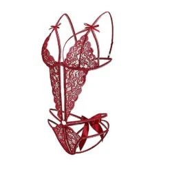 Women's Deep V Lace Teddy One Piece Lingerie Cutout Strappy Lingerie(Dark Red, S)