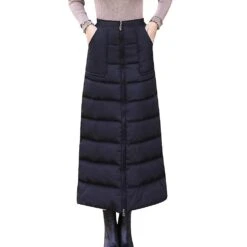 Winter Down Cotton Skirt High Waist Zip Up Long Warm Skirt Thickening Women A-line Skirts-yujia 3XL