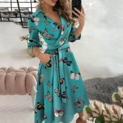 Women's V-neck Irregular Dress With Long Sleeve Stylish Comfortable Soft Skirt For Autumn Winter S Diamond Print