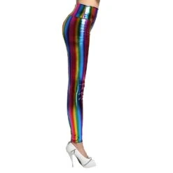 Womens Hologram Metallic Rainbow Leggings Glitter Neon Tights Stripes Printed