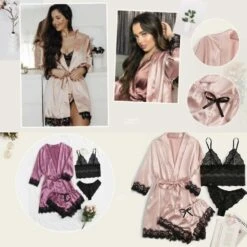 4 Pieces Women's Satin Floral Lace Cami Top Lingerie Pajama Set With Robe Dressing Gown Kimono Lingerie Set Satin Pyjamas Lace Robe Bra