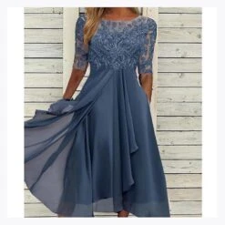 Short Sleeve Lace Appliques Dress Midi For Wedding - Casual All Match Evening Dresses XL Pink