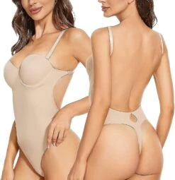 Backless Body Shaper For Women Push Up Bra Low Back Thong Bodysuit 2XL Nude