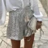 Womens Shorts Women Sequins Shorts High Waist Casual Loose A Line Hot Pants Sparkly Wear -out Skorts Shorts For Women S