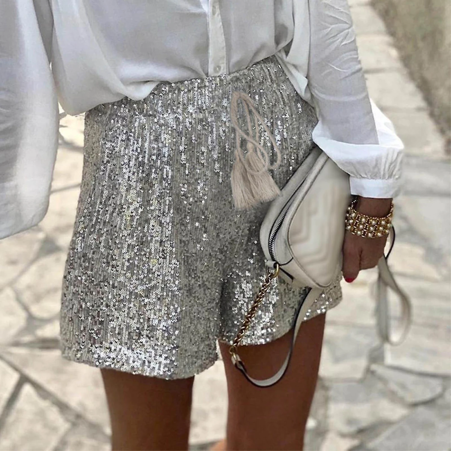 Womens Shorts Women Sequins Shorts High Waist Casual Loose A Line Hot Pants Sparkly Wear -out Skorts Shorts For Women S
