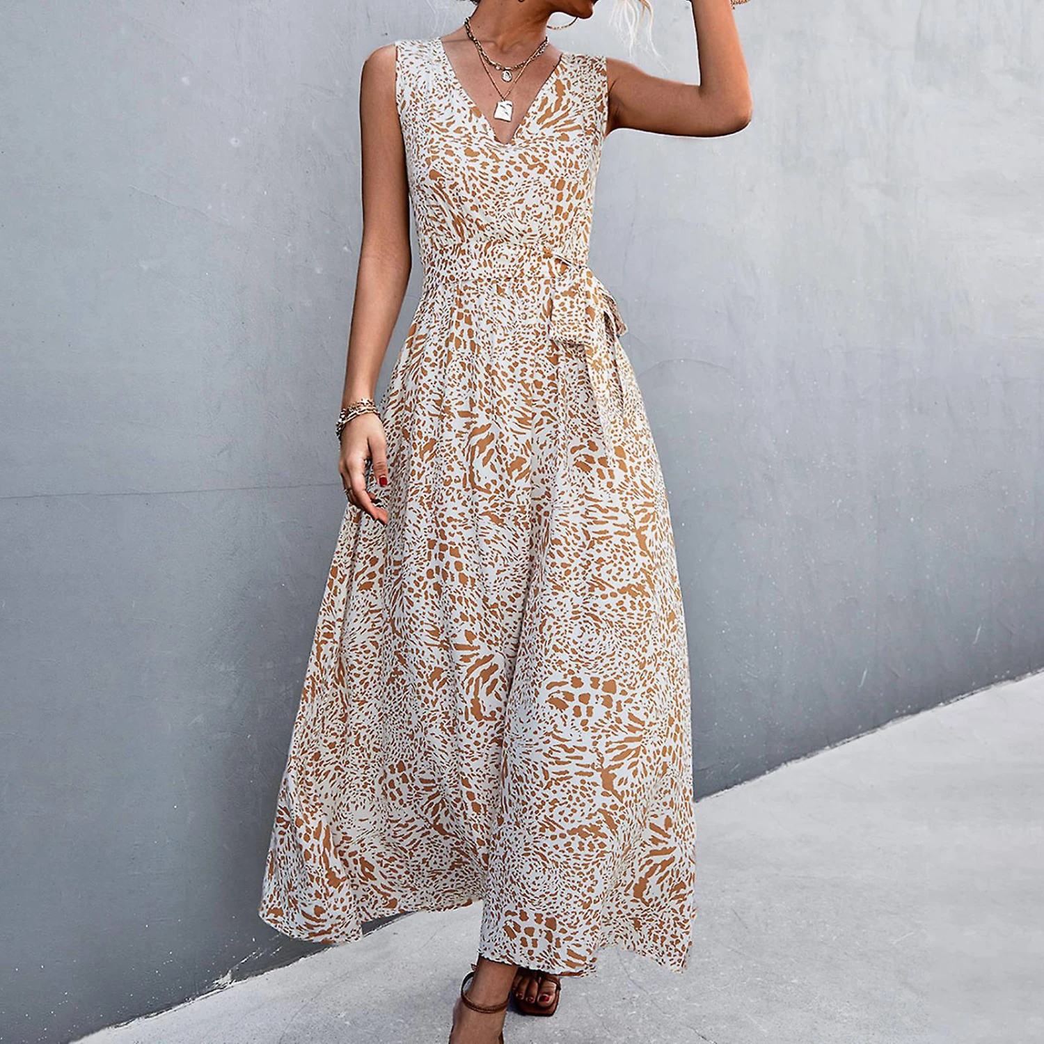 V Neck Belted Dress Floral Print Side Pockets Long Length Women Sleeveless Dress For Summer Spring Apricot S - Image 4