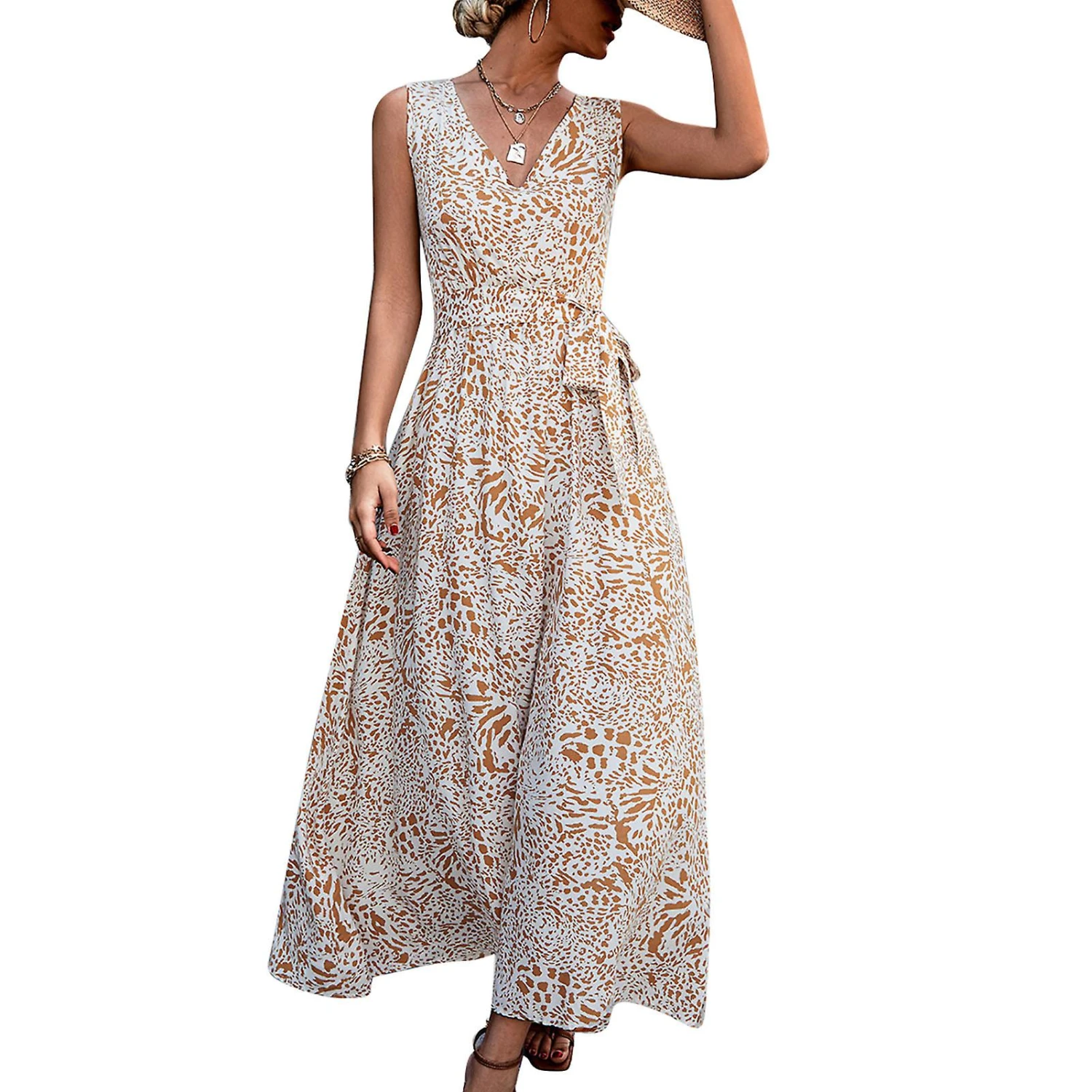 V Neck Belted Dress Floral Print Side Pockets Long Length Women Sleeveless Dress For Summer Spring Apricot S