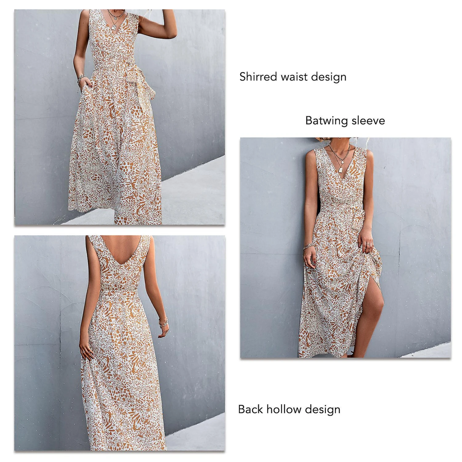 V Neck Belted Dress Floral Print Side Pockets Long Length Women Sleeveless Dress For Summer Spring Apricot S - Image 3
