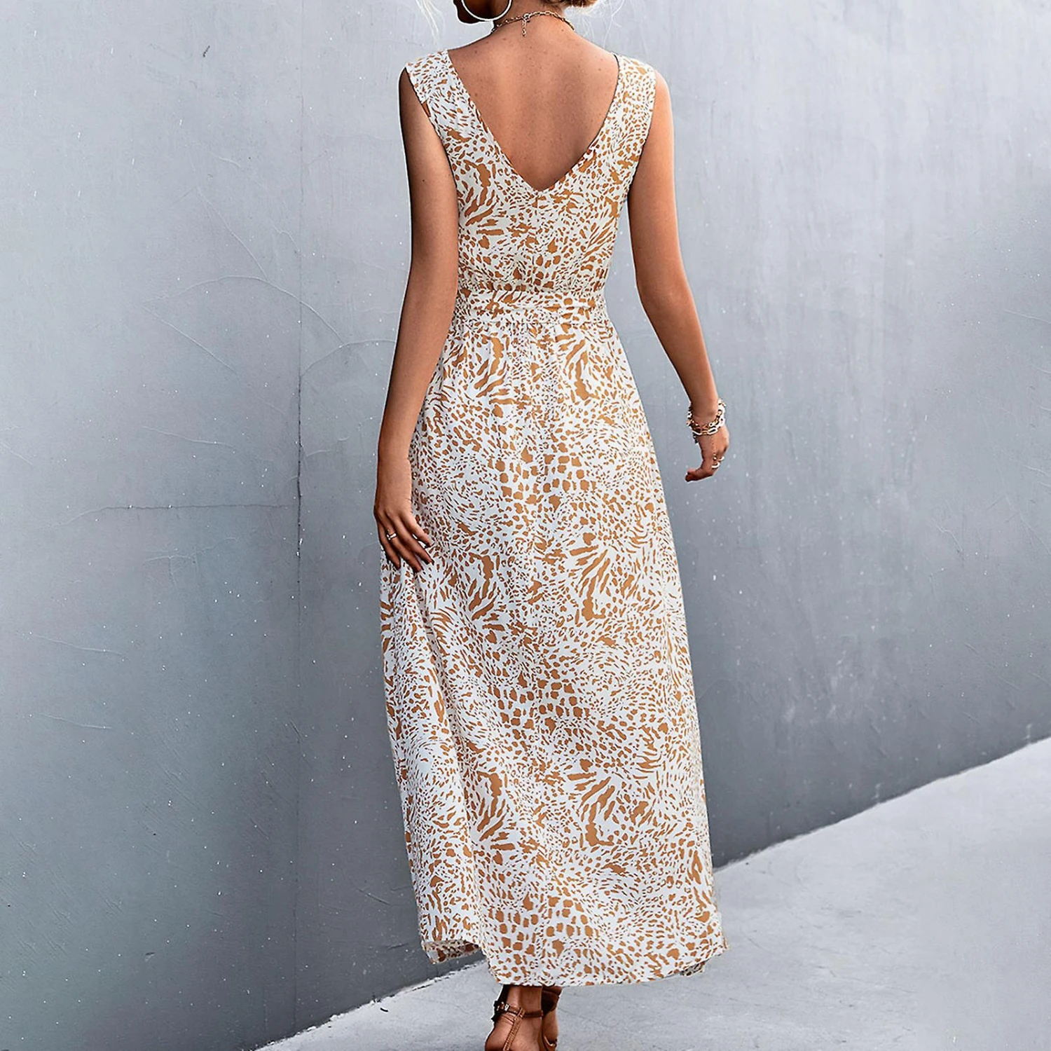 V Neck Belted Dress Floral Print Side Pockets Long Length Women Sleeveless Dress For Summer Spring Apricot S - Image 2