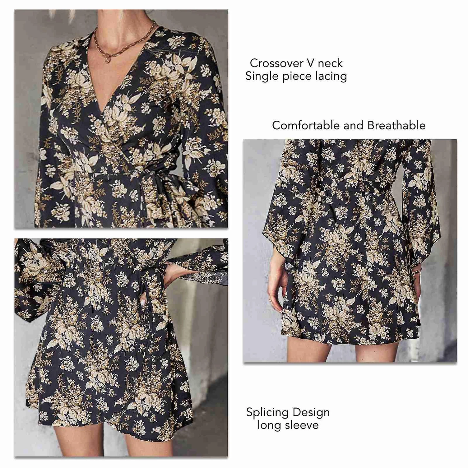 Floral Mini V Neck Belted Dress Long Sleeve Breathable Casual Irregular Hem Dress For Daily Party Black XL - Image 4
