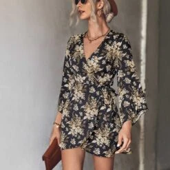 Floral Mini V Neck Belted Dress Long Sleeve Breathable Casual Irregular Hem Dress For Daily Party Black XL