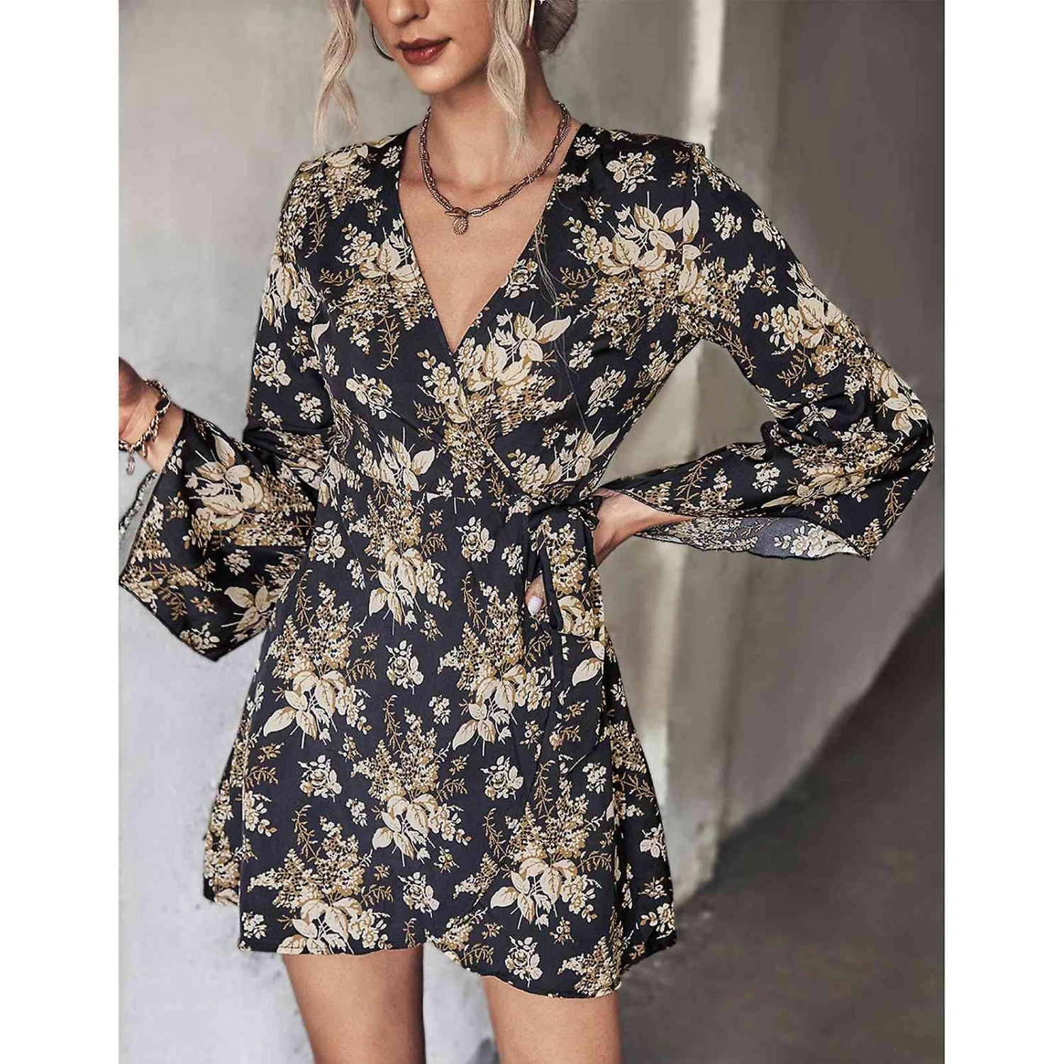 Floral Mini V Neck Belted Dress Long Sleeve Breathable Casual Irregular Hem Dress For Daily Party Black XL - Image 3