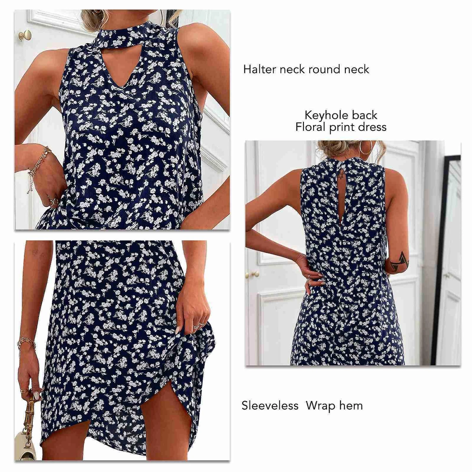 Women Halter Neck Dress Summer Keyhole Back Sleeveless Hollow Out A Line Floral Print Dress For Party Dark Blue S