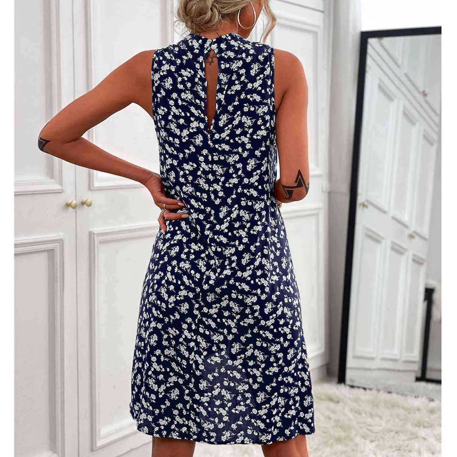 Women Halter Neck Dress Summer Keyhole Back Sleeveless Hollow Out A Line Floral Print Dress For Party Dark Blue S - Image 3