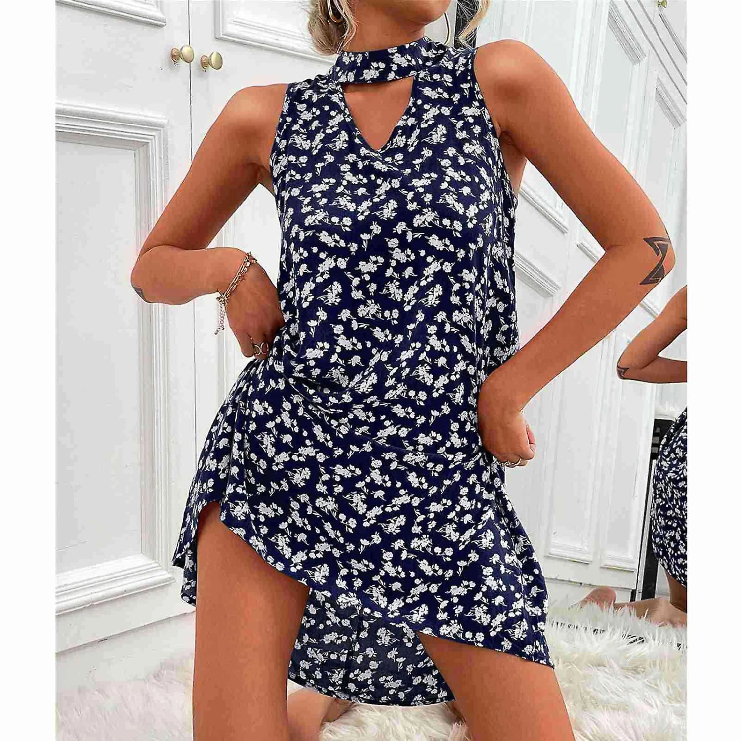 Women Halter Neck Dress Summer Keyhole Back Sleeveless Hollow Out A Line Floral Print Dress For Party Dark Blue S - Image 4