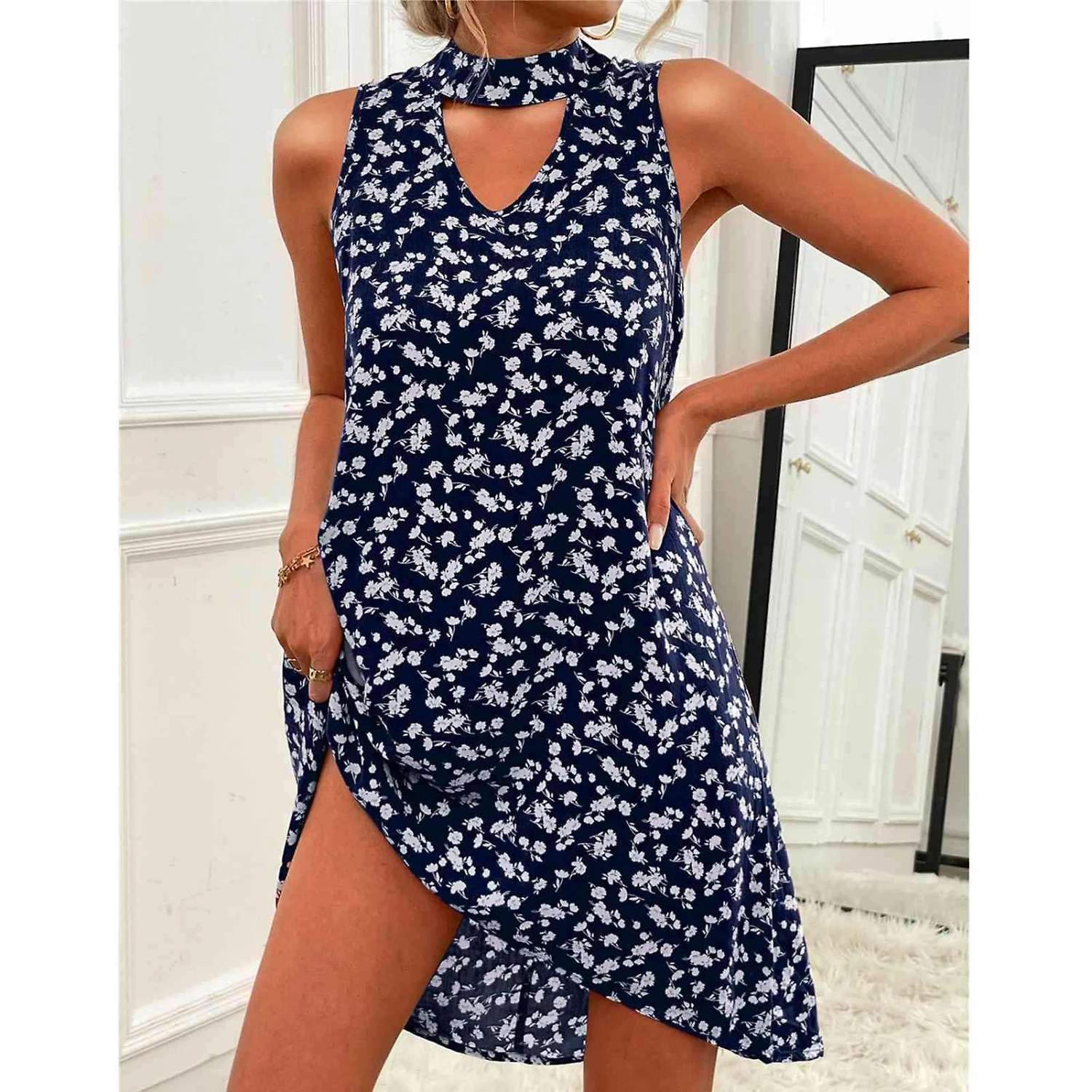 Women Halter Neck Dress Summer Keyhole Back Sleeveless Hollow Out A Line Floral Print Dress For Party Dark Blue S - Image 2