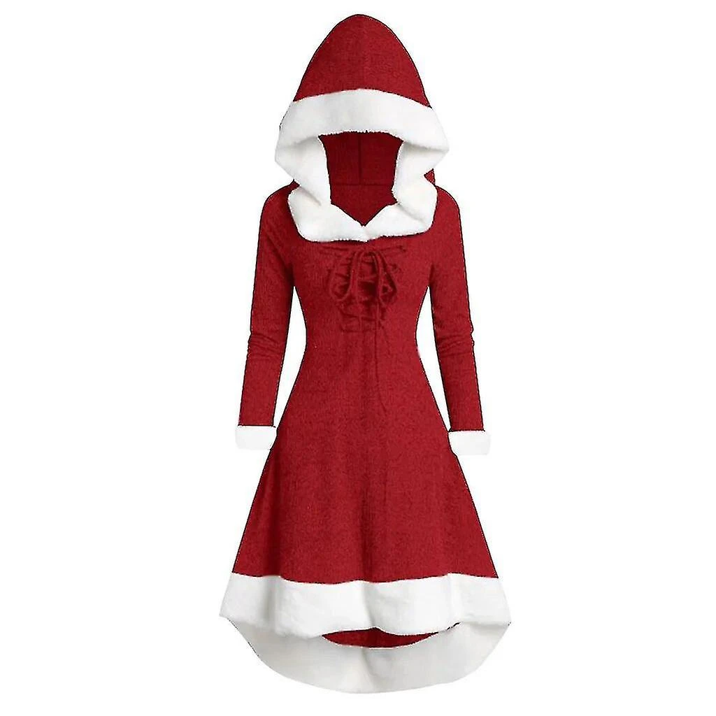 Ladies Christmas Dresses Santa Costume Winter Fur-collar Lace-up Patchwork Hooded Dress Plush Long-sleeved Party Prom Dress Xmas XL