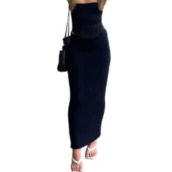 Summer Knit Long Skirt Women Sexy Cove-Up Midi Skirts Dropped Waist See Through M Black