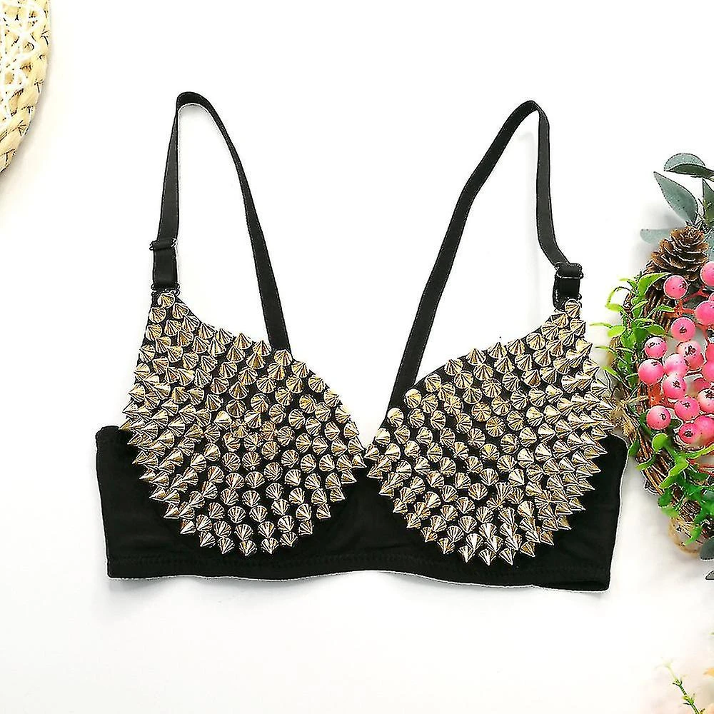 Women's Steampunk Bra With Spikes Rivets Party Club Rave Sports Bra Top 34(75) Gold - Image 4