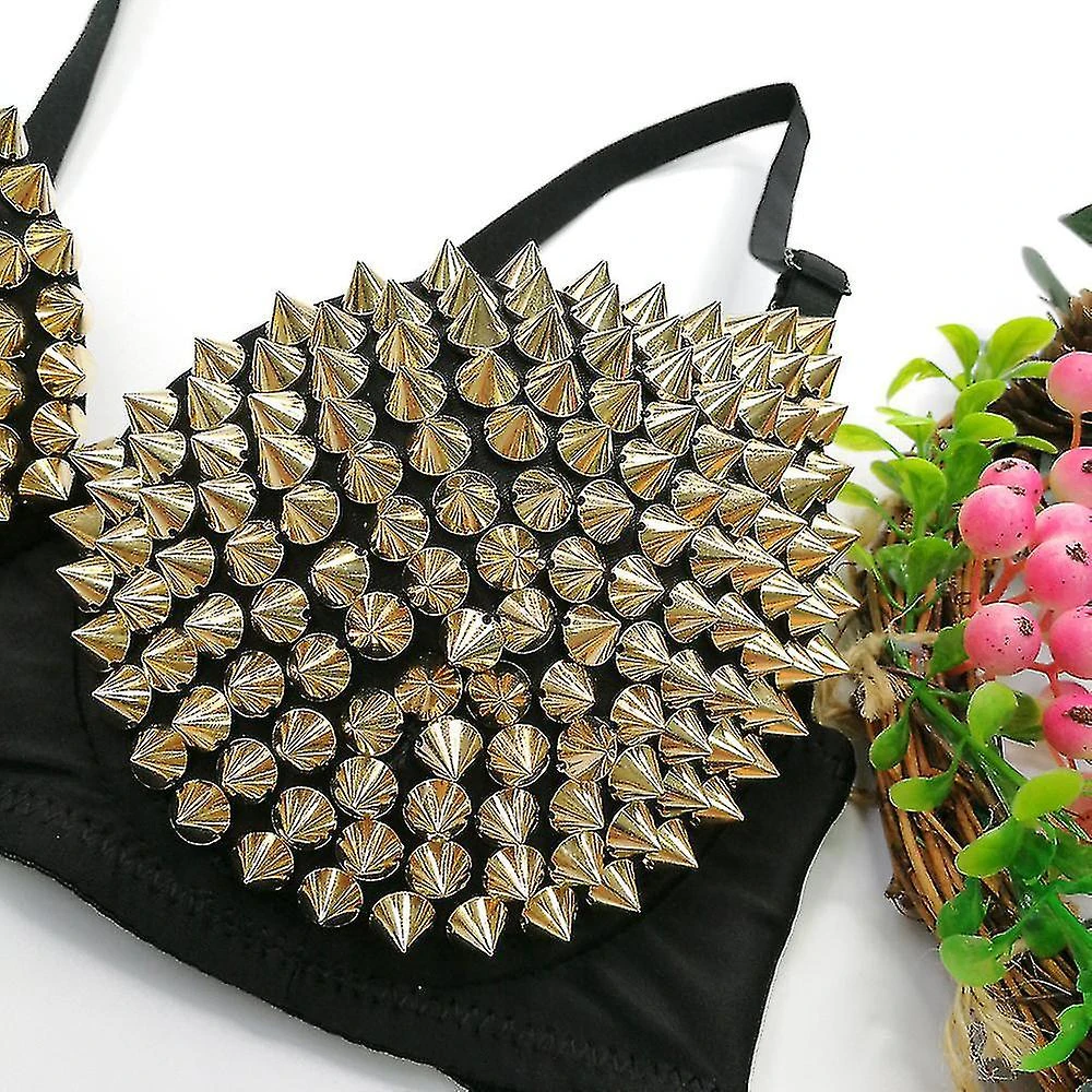 Women's Steampunk Bra With Spikes Rivets Party Club Rave Sports Bra Top 34(75) Gold - Image 5
