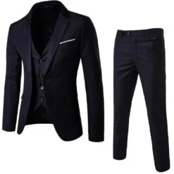 Men's 3 Piece Slim Fit Suit Set One Button Solid Jacket Vest Pants Business Set - YX XXL Black