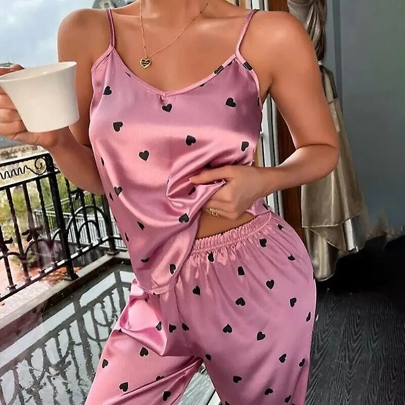 Women Satin Silk Pajamas Sets Letter Print Cami Vest Shirt With Trouser Sleepwear Ladie Sexy Pajama Lingerie Pyjamas Nightwear XL Pink - Image 4