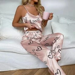 Women Satin Silk Pajamas Sets Letter Print Cami Vest Shirt With Trouser Sleepwear Ladie Sexy Pajama Lingerie Pyjamas Nightwear XL Pink