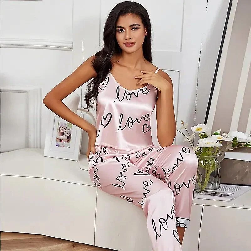 Women Satin Silk Pajamas Sets Letter Print Cami Vest Shirt With Trouser Sleepwear Ladie Sexy Pajama Lingerie Pyjamas Nightwear XL Pink - Image 2