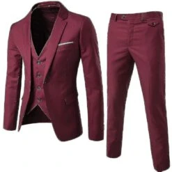 Men"s 3 Piece Slim Fit Suit Set One Button Solid Jacket Vest Pants Business Set-yky M Red