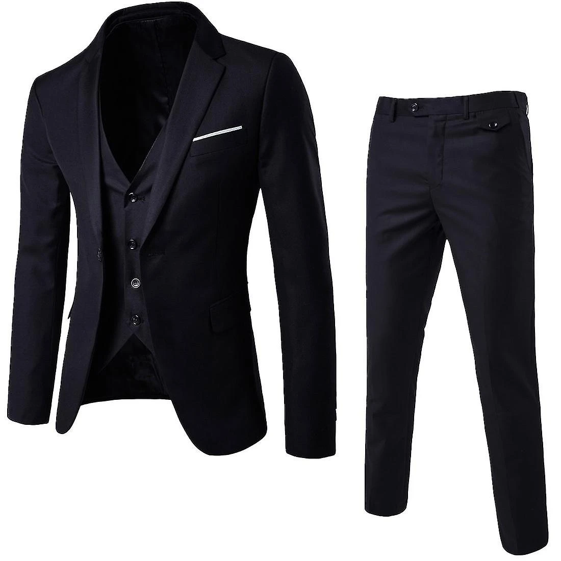 Men's 3 Piece Slim Fit Suit Set One Button Solid Jacket Vest Pants Business Set Kangboo Black - Image 5