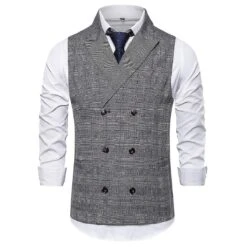 Men's Plaid Double-breasted Peak Lapel Business Casual Suit Vest S Grey