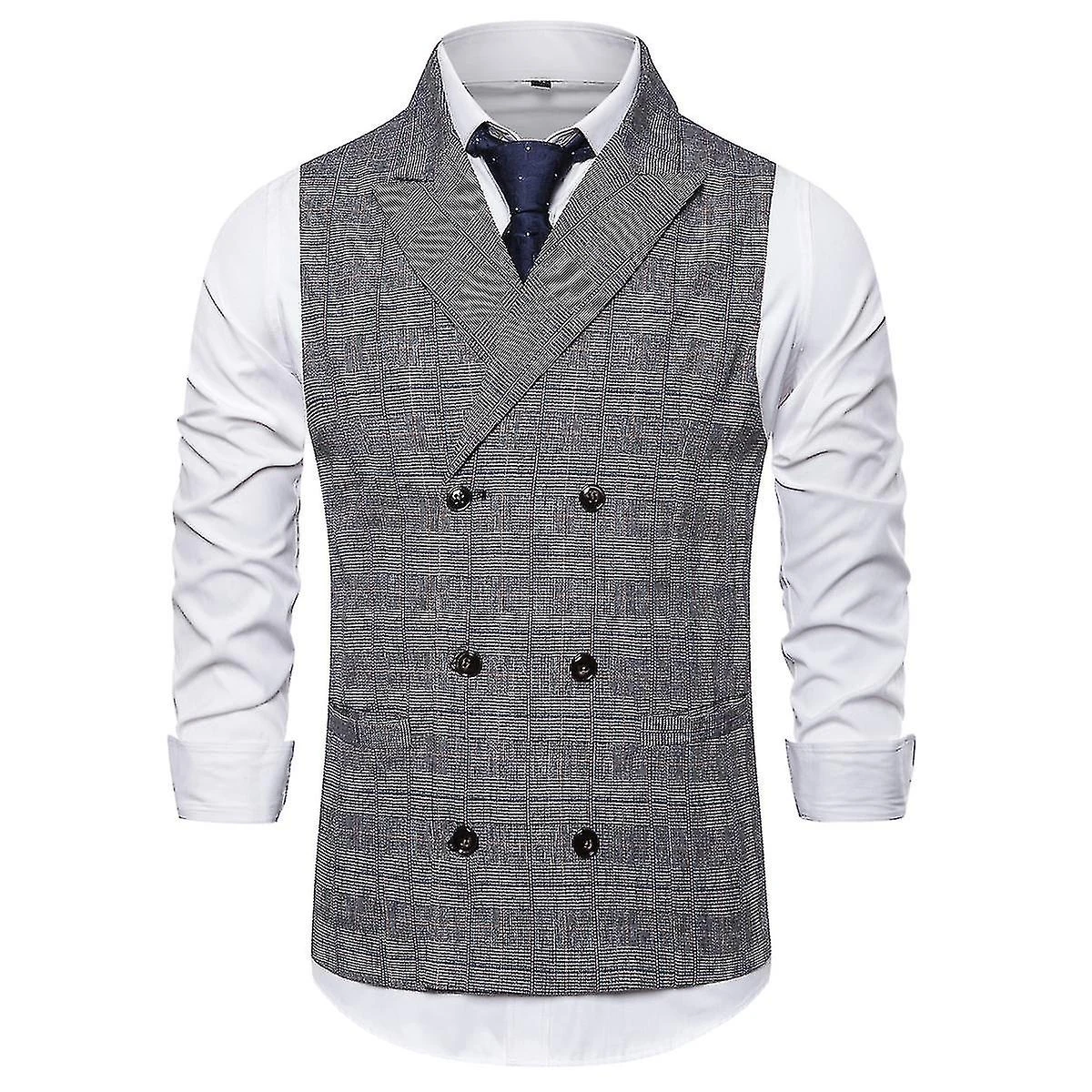 Men's Plaid Double-breasted Peak Lapel Business Casual Suit Vest S Grey