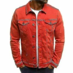 Mens Denim Jeans Jacket Short Slim Fit M Red