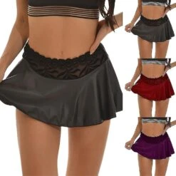 Women High Waist Mini Skirt Sexy Lace Lingerie Mini Dress Nightwear S Black