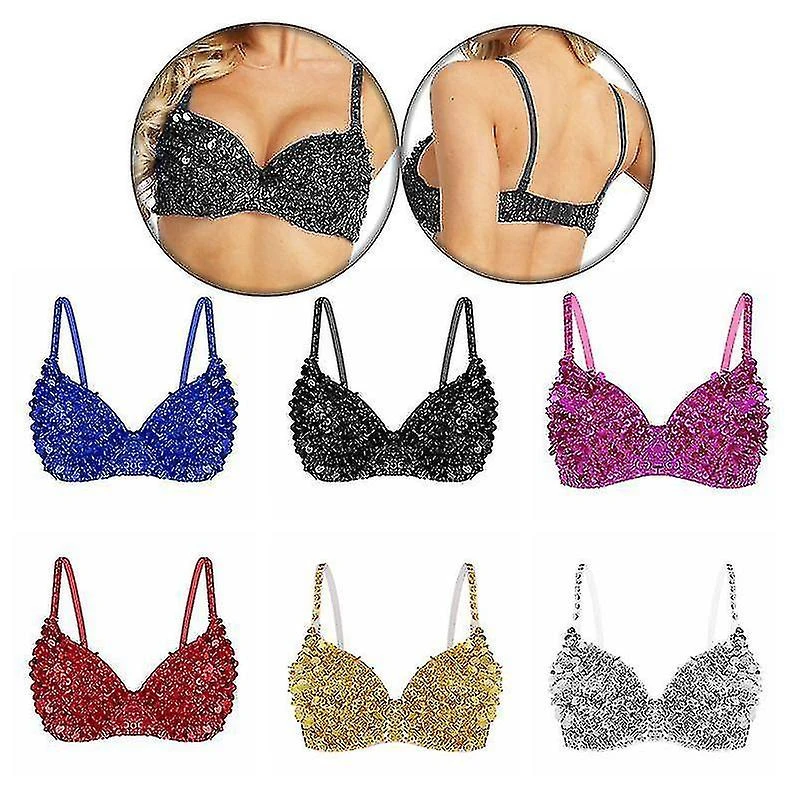 Women's Tribal Glitter Sparkle Belly Dance Beaded Sequined Bra Top 34(75) Black